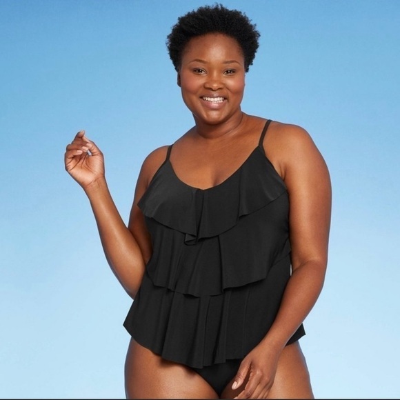 WOMEN’S Sleeveless Tiered Ruffle Tankini Swimsuit Top Black - Picture 3 of 15